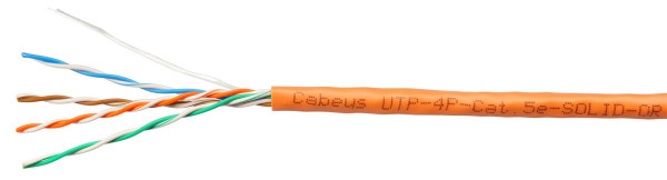 Кабель витая пара Cabeus, U/UTP, 4 пар., кат. 5е, проводник Ø 0,5мм, AWG24, PVC нг(А)-LS, 100МГц, 1м (бухта 305м), тип прокладки: внутри зданий, цвет: оранжевый