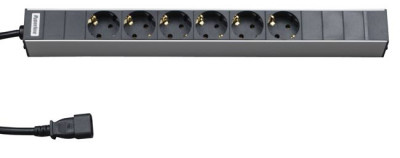 Блок силовых розеток Hyperline, горизонтальный, неуправляемый, Shuko х 6, вход IEC 320 C14, шнур 2,5 м, 1U, 44х482,6х44,4 мм (ВхШхГ), 10А, алюминий