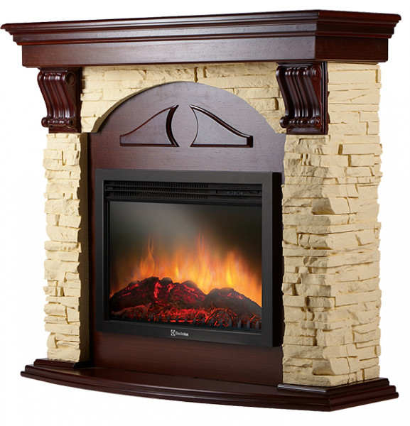Электрокамин с широким очагом 3D Electrolux EFP/P-3020LS с порталом Firelight Torre 26/30S камень слоновая кость, шпон темный дуб
