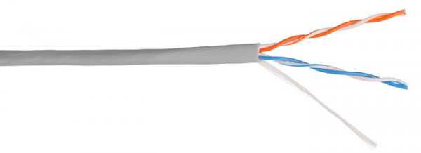 Кабель витая пара TWT, U/UTP, 2 пар., кат. 5е, проводник Ø 0,5мм, AWG24, PVC, 100МГц, 1м (бухта 305м), тип прокладки: внутри зданий, цвет: серый