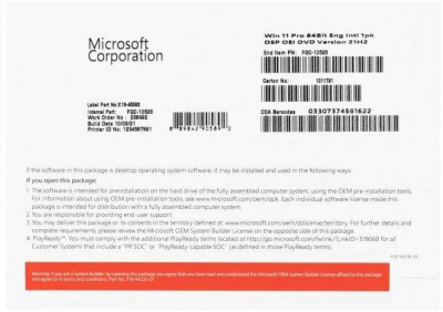 ПО Microsoft Windows 11 Pro 64-bit English Intl 1pk DSP OEI DVD (FQC-10528)