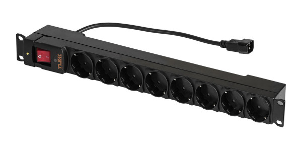 Блок силовых розеток TLK, 19", неуправляемый, Shuko х 8, вход IEC 320 C14, для шкафов и стоек, 1U, 44,4х482х68 мм (ВхШхГ), 10А, оборудован защитными шторками, чёрный