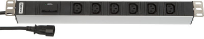 Блок силовых розеток Hyperline, горизонтальный, неуправляемый, IEC 320 C13 х 6, вход IEC 320 C14, шнур 2,5 м, 1U, 44х482,6х44,4 мм (ВхШхГ), 10А, защита от перенапряжения, алюминий