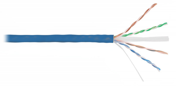 Кабель витая пара Nikolan, U/UTP, 4 пар., кат. 6, AWG23, LSZH, 250МГц, 1м (барабан 305м), тип прокладки: внутри зданий, цвет: синий