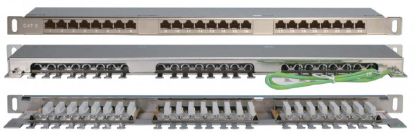 Коммутационная патч-панель Hyperline, 19", 0,5HU, портов: 24 х RJ45, кат. 6, экр., цвет: серый, (PPHD-19-24-8P8C-C6-SH-110D)
