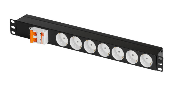 Блок силовых розеток TLK, 19", неуправляемый, Shuko х 7, вход клеммная колодка, для шкафов и стоек, 1U, 45мм 25А, автомат, чёрный