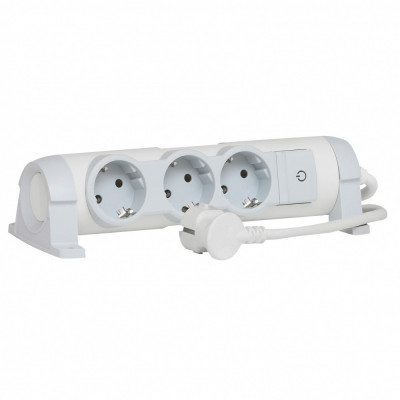Блок силовых розеток Legrand, горизонтальный, неуправляемый, Shuko х 3, вход Schuko, шнур 1,5 м, 16А, бело-серый