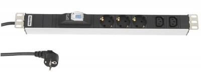 Блок силовых розеток Hyperline, горизонтальный, неуправляемый, IEC 60320 С13 х 2, Shuko х 3, вход Schuko, шнур 2,5 м, 1U, 44х482,6х44,4 мм (ВхШхГ), 16А, автомат, алюминий