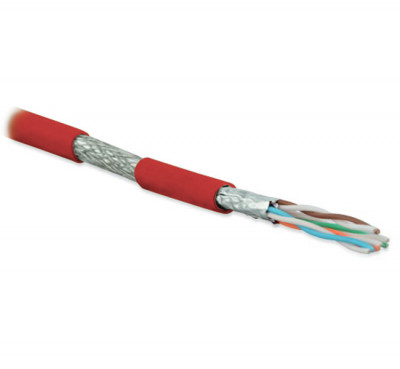 Кабель витая пара Hyperline SFTP4-C6A-S23-IN-LSZH, S/FTP, 4 пар., кат. 6A, проводник Ø 0,57мм, AWG23, LSZH (нг(A)-HF), 500МГц, 1м (500м), тип прокладки: внутри зданий, цвет: красный