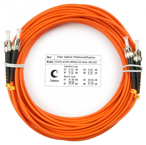 Коммутационный шнур оптический Cabeus Tight Buffer, Duplex ST/ST (UPC/UPC), OM1 62,5/125, LSZH, Ø 3мм, 10м, цвет: оранжевый, (FOP-62-ST-ST-10m)