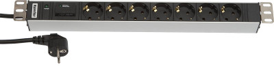 Блок силовых розеток Hyperline, горизонтальный, неуправляемый, Shuko х 7, вход Schuko, шнур 2,5 м, 1U, 44х482,6х44,4 мм (ВхШхГ), 16А, индикатор, фильтр защиты