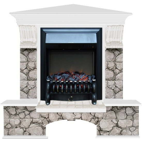 Электрокамин с классическим очагом 2D Glenrich Бостон К угловой (Fobos BL,BR) камень-Карелия/цвет-Белый