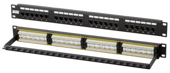 Коммутационная патч-панель Hyperline, 19", 1HU, портов: 24 х RJ45, кат. 6, универсальная, неэкр., цвет: чёрный, (PP3-19-24-8P8C-C6-110D)