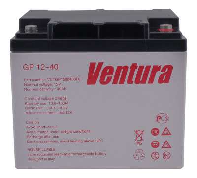 Аккумулятор для ИБП Ventura GP, 170х197х165 мм (ВхШхГ),  Необслуживаемый свинцово-кислотный,  12V/40 Ач, цвет: серый, (GP 12-40)