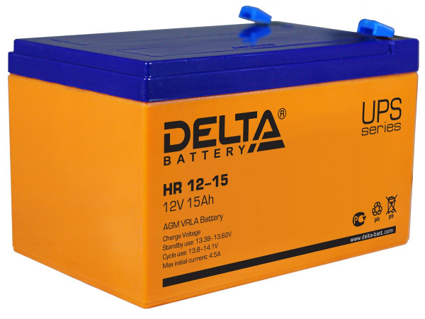 Аккумулятор для ИБП Delta Battery HR, 101х98х151 мм (ВхШхГ),  Необслуживаемый свинцово-кислотный,  12V/15 Ач, цвет: оранжевый, (HR 12-15)