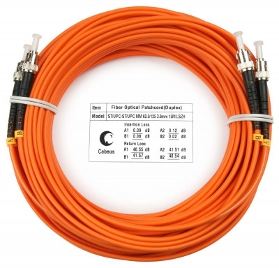 Коммутационный шнур оптический Cabeus Tight Buffer, Duplex ST/ST (UPC/UPC), OM1 62,5/125, LSZH, Ø 3мм, 15м, цвет: оранжевый, (FOP-62-ST-ST-15m)