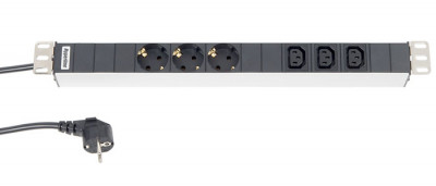 Блок силовых розеток Hyperline, горизонтальный, неуправляемый, IEC 60320 С13 х 3, Shuko х 3, вход Schuko, шнур 2,5 м, 1U, 44х482,6х44,4 мм (ВхШхГ), 16А