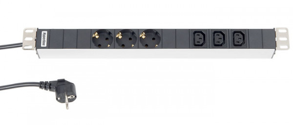 Блок силовых розеток Hyperline, горизонтальный, неуправляемый, IEC 60320 С13 х 3, Shuko х 3, вход Schuko, шнур 2,5 м, 1U, 44х482,6х44,4 мм (ВхШхГ), 16А