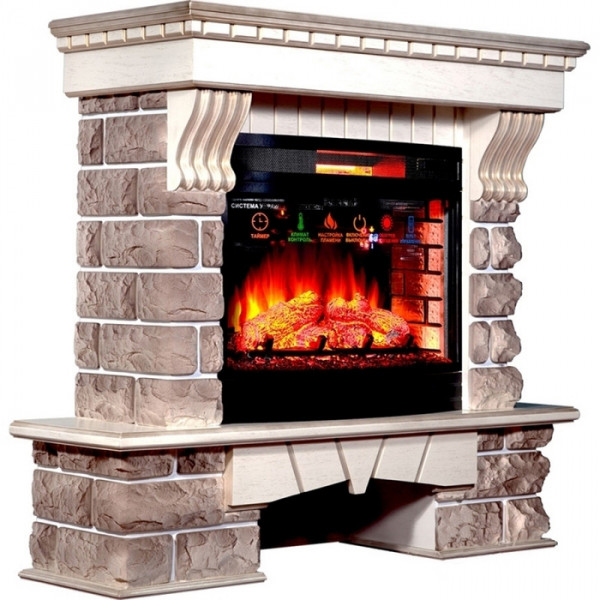 Электрокамин с широким очагом 3D InterFlame Экстер Кавказ (бежевый с золотой патиной) с очагом Panoramic 25 LED FX
