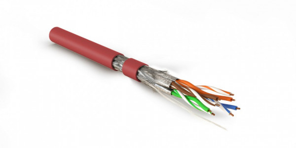 Кабель витая пара Hyperline SFTP4-C7-P26-IN-LSZH, S/FTP, 4 пар., кат. 7, проводник Ø 0,48мм, AWG26, LSZH (нг(A)-HF), 600МГц, 1м (500м), тип прокладки: внутри зданий, цвет: красный
