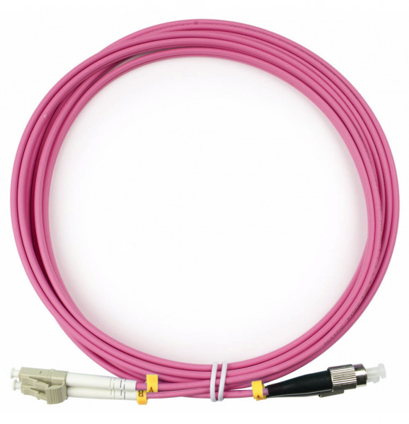 Коммутационный шнур оптический Cabeus Tight Buffer, Duplex LC/FC (UPC/UPC), OM4 50/125, LSZH, Ø 3мм, 3м, цвет: маджента, (FOP-50-OM4-LC-FC-3m)