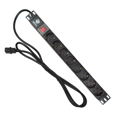 Блок силовых розеток BNH, 19", неуправляемый, Shuko х 8, вход IEC 60320 C14, для шкафов и стоек, шнур 2 м, 1U, 45х490х45 мм (ВхШхГ), 16А, выключатель, чёрный