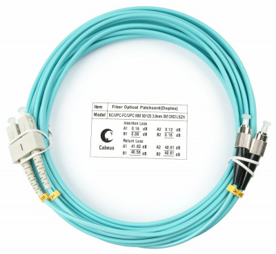 Коммутационный шнур оптический Cabeus Tight Buffer, Simplex FC/ST (APC), OM3 50/125, LSZH, Ø 3мм, 7м, цвет: аква, (FOP-50-SC-FC-7m)