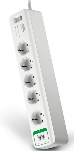 Блок силовых розеток APC, вертикальный, неуправляемый, Shuko х 5, вход Schuko, шнур 1,83 м, 56х370х73 мм (ВхШхГ), 10А, выключатель, телефонный вход/выход 1/1, белый