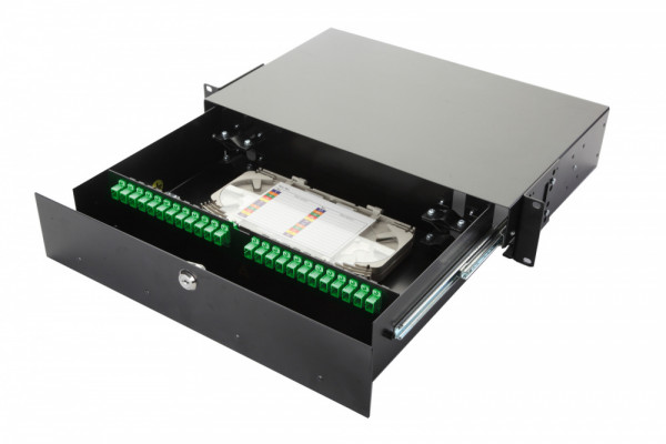 Коммутационная панель ВО Eurolan 47F-48, 2HU, портов: 48 SC (SM)OS2, установлено адаптеров: 16 выдвижная, цвет: чёрный, APC, адаптеры, сплайс-кассеты