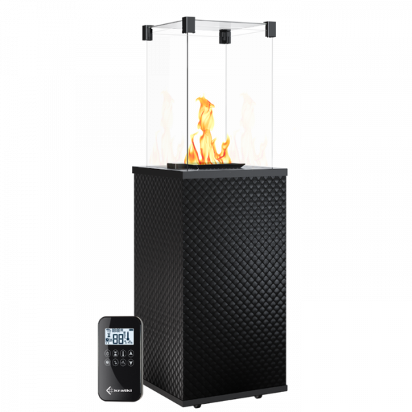 Газовый уличный обогреватель мощностью 8-10 кВт Kratki PATIO/MINI/G31/37MBAR/CZ/P стекло, черное тиснение с пультом ДУ
