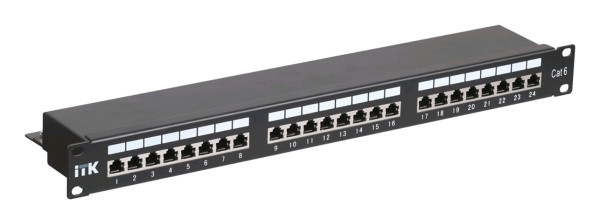 Коммутационная патч-панель ITK, 19", 1HU, портов: 24хRJ45, кат. 6, экр., порты в 1 ряд, цвет: чёрный, (PP24-1UC6S-D05)