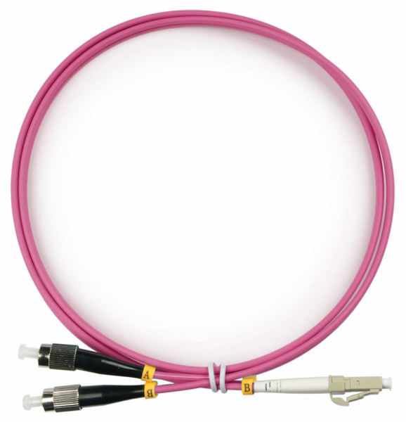 Коммутационный шнур оптический BNH Tight Buffer, Duplex LC/FC (UPC/UPC), OM4 50/125, LSNH, Ø 3мм, 15м, цвет: маджента, (B660.2-LC-FC-OM4-15-LSZH)