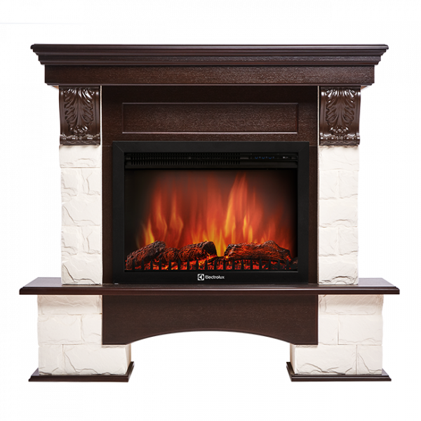 Электрокамин с широким очагом 2D Electrolux EFP/P-2720RLS с порталом Firelight Forte 25S камень белый, темный дуб