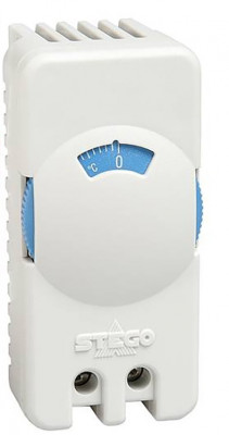 Термостат STEGO STS 011, 70х33х42 мм (ВхШхГ), на DIN-рейку, для шкафов, 250V, синий, с регулировочным колёсиком, 0 до +60 °C