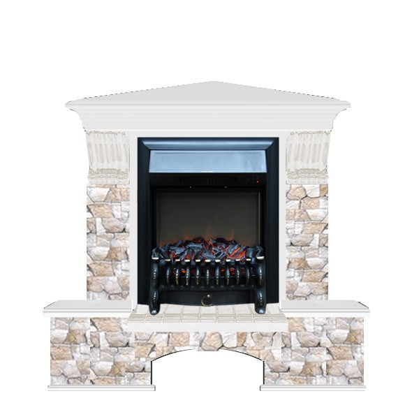 Электрокамин с классическим очагом 2D Glenrich Бостон К угловой (Fobos BL,BR) камень-Арбат/цвет-Белый