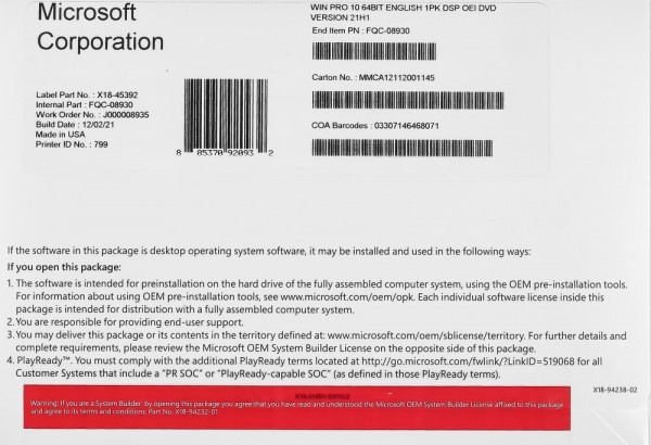 ПО Microsoft Windows 10 Professional 64-bit English 1pk DSP OEI DVD (FQC-08930)