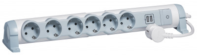 Блок силовых розеток Legrand, универсальн., неуправляемый, Shuko х 6, USB х 2, вход Schuko, шнур 1,5 м, 16А, выключатель, бело-серый