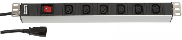 Блок силовых розеток Hyperline, горизонтальный, неуправляемый, IEC 320 C13 х 6, вход IEC 320 C14, шнур 2,5 м, 1U, 44х482,6х44,4 мм (ВхШхГ), 10А, выключатель, чёрный