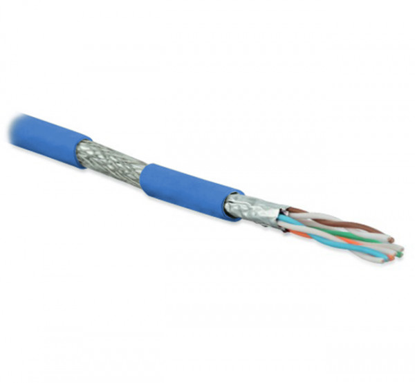 Кабель витая пара Hyperline SFTP4-C6A-S23-IN-LSZH, S/FTP, 4 пар., кат. 6A, проводник Ø 0,57мм, AWG23, LSZH (нг(A)-HF), 500МГц, 1м (500м), тип прокладки: внутри зданий, цвет: синий