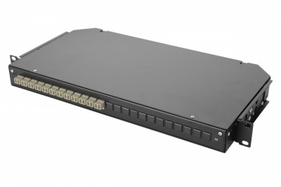 Коммутационная панель ВО Eurolan 47C-24, 1HU, портов: 24 LC/UPC (Duplex) OM2, установлено адаптеров: 12 невыдвижная, прямая, орг-йзер: предустановлен, цвет: чёрный, цвет адаптеров: cерый