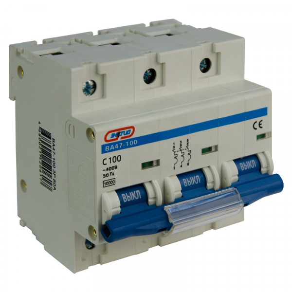 Автоматический выключатель Энергия ВА 47-100, 3 модуль, C класс, 3P, 100А, 10кА, (Е0301-0084)