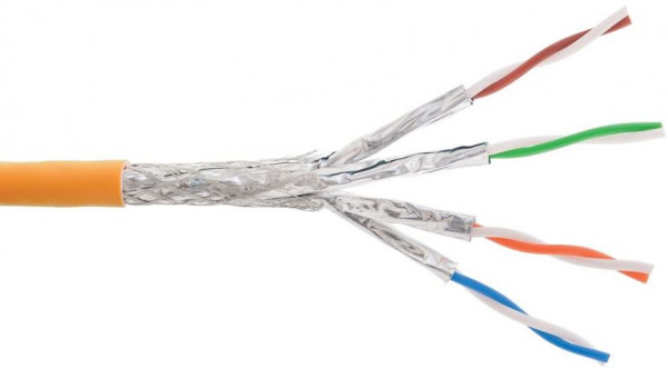 Кабель витая пара Nikolan, S/FTP, 4 пар., кат. 6A, проводник Ø 0,58мм, AWG23, LSZH (нг(A)-HF), 500МГц, 1м (коробка 100м), тип прокладки: внутри зданий, цвет: оранжевый