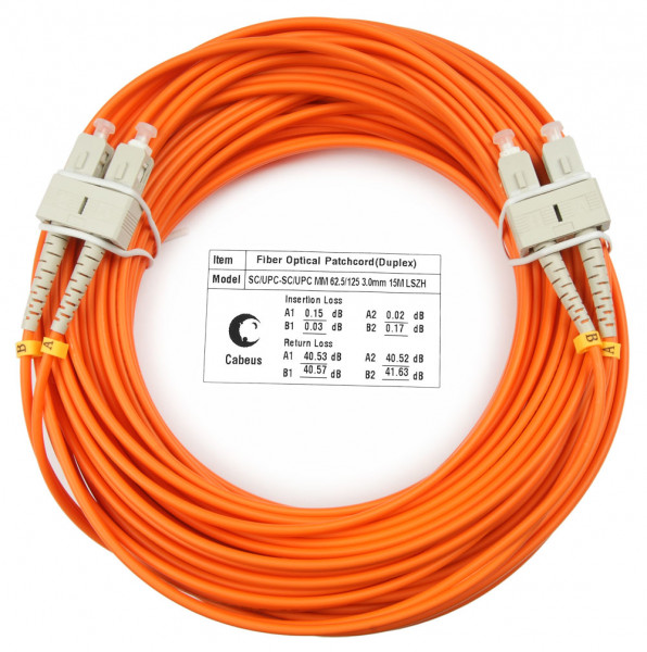 Коммутационный шнур оптический Cabeus Tight Buffer, Duplex SC/SC (UPC/UPC), OM1 62,5/125, LSZH, Ø 3мм, 15м, цвет: оранжевый, (FOP-62-SC-SC-15m)