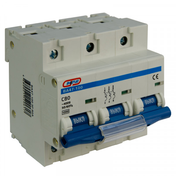 Автоматический выключатель Энергия ВА 47-100, 3 модуль, C класс, 3P, 80А, 10кА, (Е0301-0083)