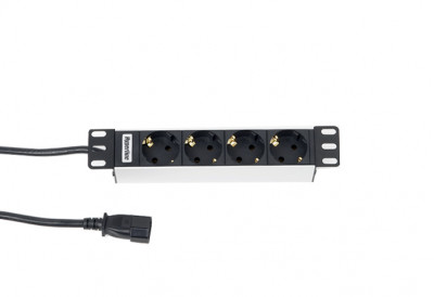 Блок силовых розеток Hyperline, горизонтальный, неуправляемый, Shuko х 4, вход IEC 320 C14, 10", шнур 2,5 м, 1U, 44х236х44 мм (ВхШхГ), 10А, стальной