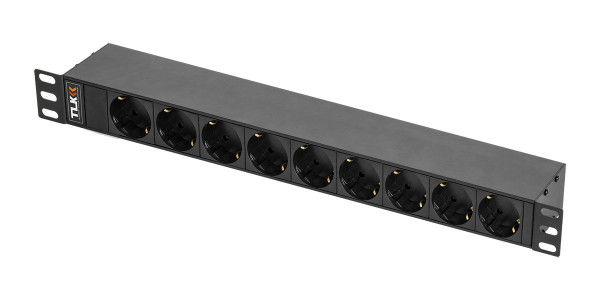 Блок силовых розеток TLK, 19", неуправляемый, Shuko х 9, вход IEC 60320 C14, для шкафов и стоек, 1U, 44,4х487,5х68 мм (ВхШхГ), 10А, автомат, чёрный