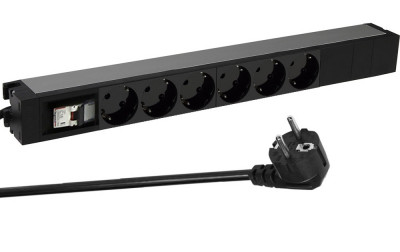 Блок силовых розеток Legrand, универсальн., неуправляемый, Shuko х 6, вход Schuko, для шкафов, шнур 3 м, 1U, 16А, с модульным автоматическим выключателем, чёрный