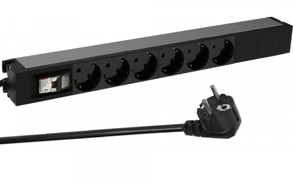 Блок силовых розеток Legrand, универсальн., неуправляемый, Shuko х 6, вход Schuko, для шкафов, шнур 3 м, 1U, 16А, с модульным автоматическим выключателем, чёрный