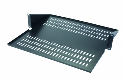 Полка Eurolan, перфорированная, консольная с центральным креплением, 2U, 88х486х200 мм (ВхШхГ), нагрузка до 15 кг, для шкафов и стоек Eurolan, с комплектом крепежа, цвет: чёрный