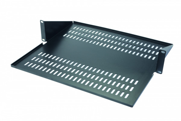 Полка Eurolan, перфорированная, консольная с центральным креплением, 2U, 88х486х200 мм (ВхШхГ), нагрузка до 15 кг, для шкафов и стоек Eurolan, с комплектом крепежа, цвет: чёрный